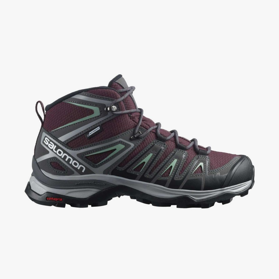 Women * | Salomon Women'S X Ultra Pioneer Mid Cswp Waterproof Hiking Boots Crazy Deals Wine Tasting / Magnet / Granite Green