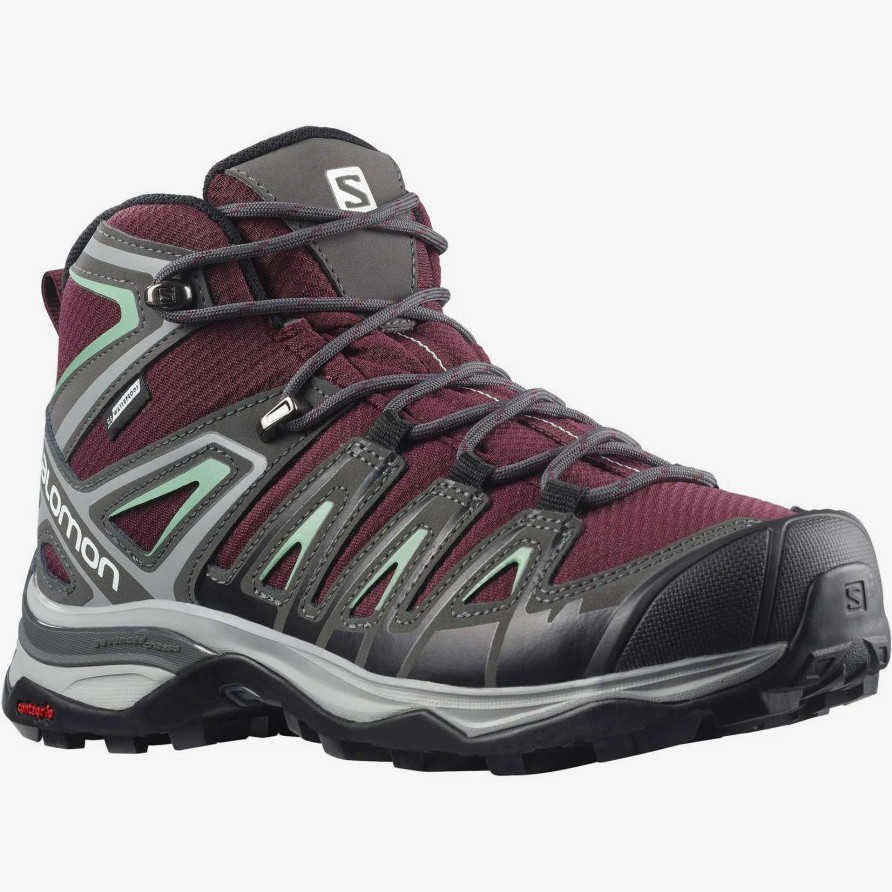 Women * | Salomon Women'S X Ultra Pioneer Mid Cswp Waterproof Hiking Boots Crazy Deals Wine Tasting / Magnet / Granite Green